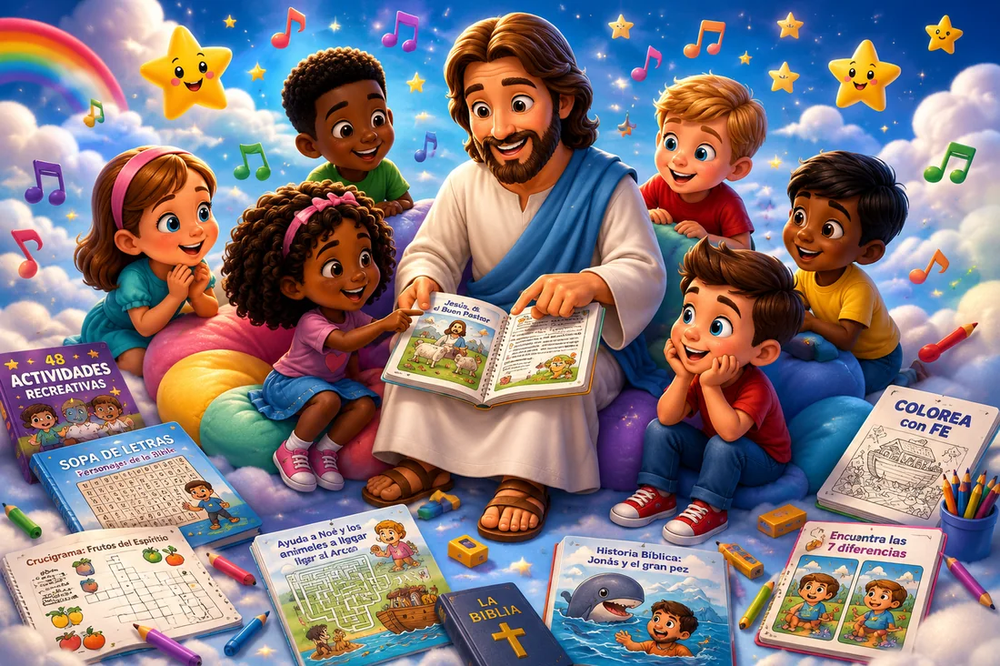 Ilustración de Jesús rodeado de niños con las fichas de actividades y los lápices de colores.