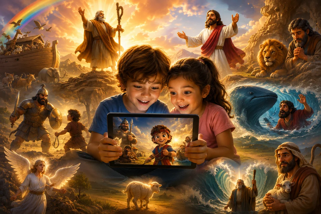 Dos niños viendo en una tableta uno de los dibujos animados bíblicos.